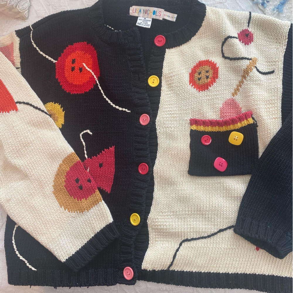 Vintage ,Lisa Nichols ,Novelty Print, Mercerized Cotton, Cardigan ,Vibrant Color - Picture 4 of 14